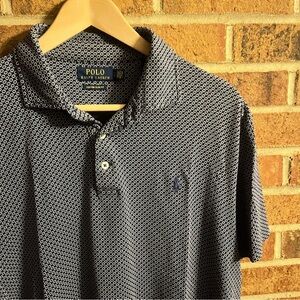 Polo Ralph Lauren Men L Golf Shirt Blue Geometric Print Stretch Short Sleeve EUC